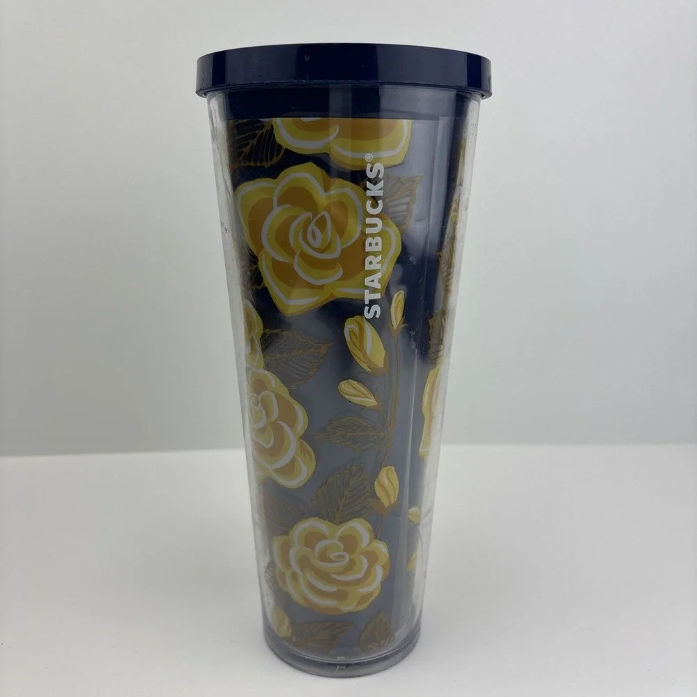 Starbucks Coffee Texas Yellow Navy Rose Flowers‎ 24oz  Tumbler Mug - No Straw